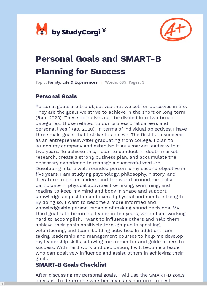 Personal Goals and SMART-B Planning for Success. Page 1