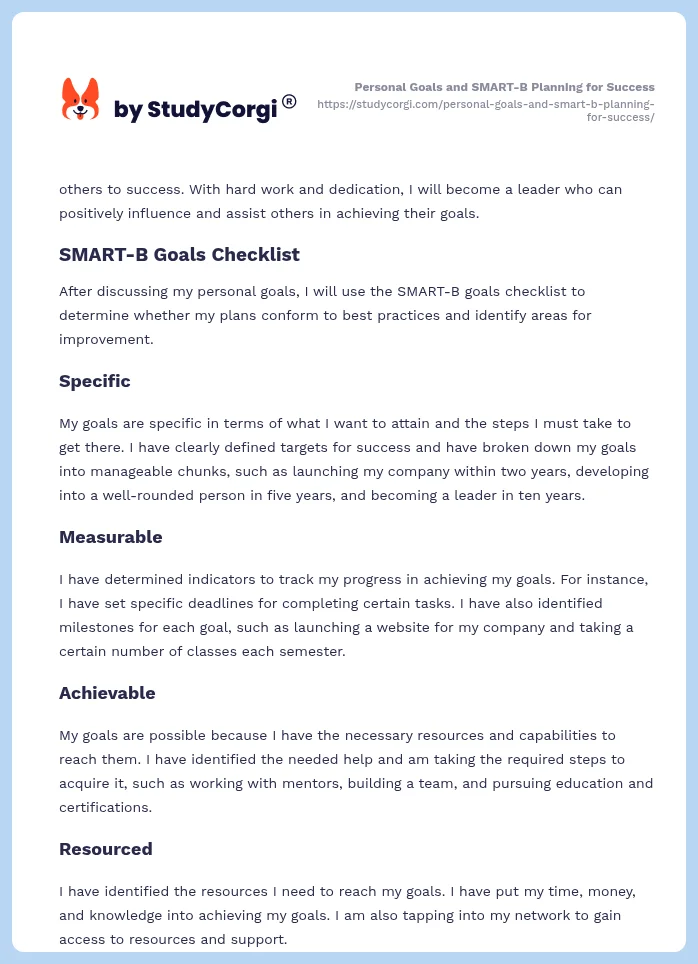 Personal Goals and SMART-B Planning for Success. Page 2