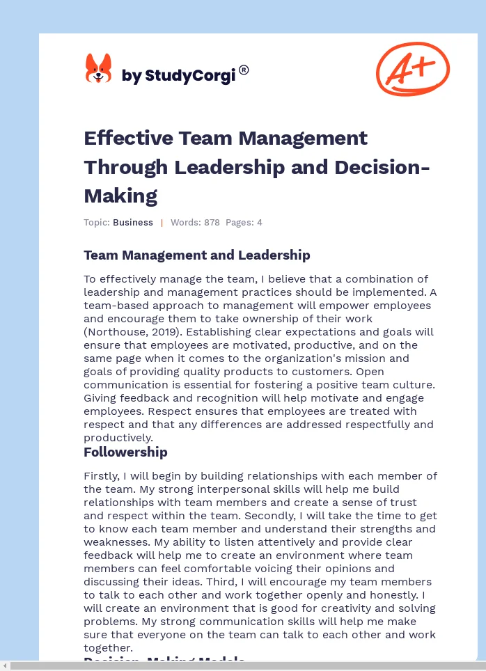 Effective Team Management Through Leadership and Decision-Making. Page 1