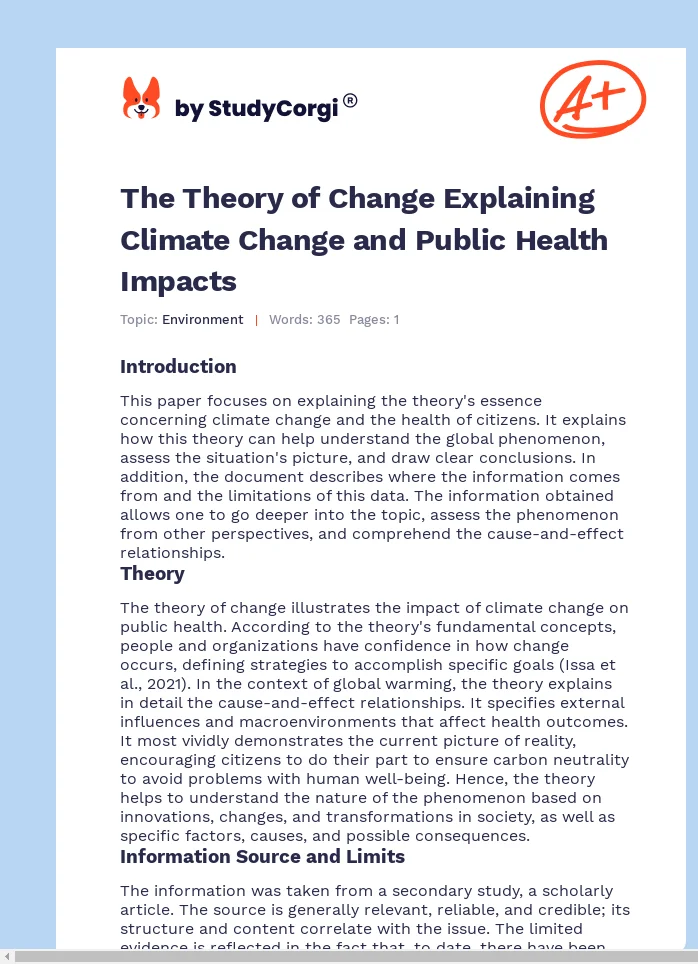 The Theory of Change Explaining Climate Change and Public Health Impacts. Page 1