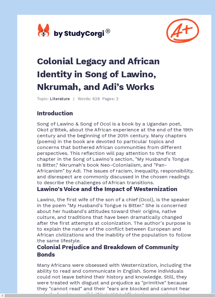Colonial Legacy and African Identity in Song of Lawino, Nkrumah, and Adi’s Works. Page 1