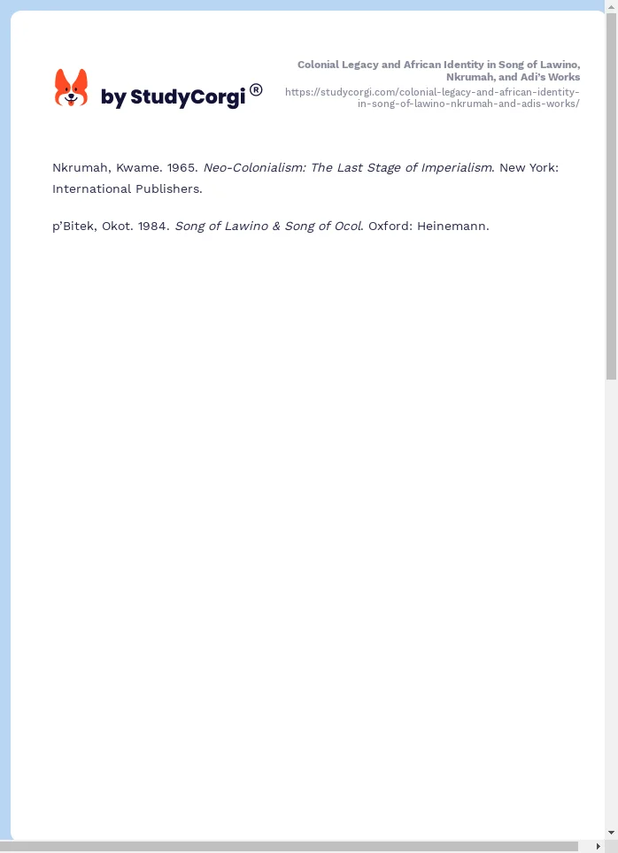 Colonial Legacy and African Identity in Song of Lawino, Nkrumah, and Adi’s Works. Page 2