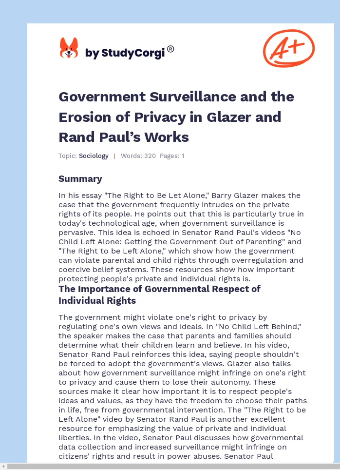 Government Surveillance and the Erosion of Privacy in Glazer and Rand Paul’s Works. Page 1