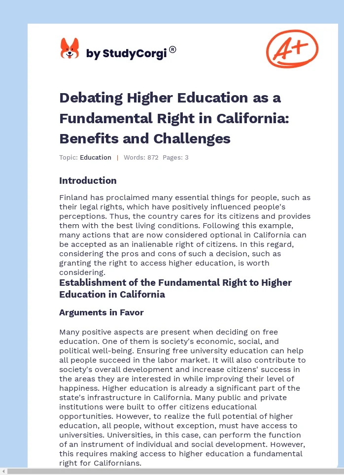 Debating Higher Education as a Fundamental Right in California: Benefits and Challenges. Page 1