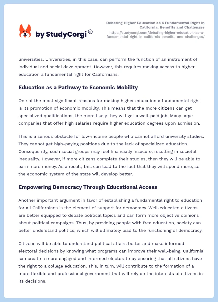 Debating Higher Education as a Fundamental Right in California: Benefits and Challenges. Page 2