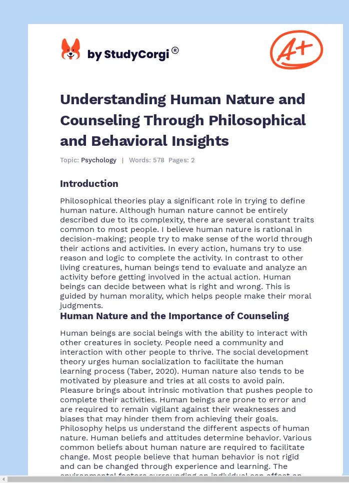 Understanding Human Nature and Counseling Through Philosophical and Behavioral Insights. Page 1