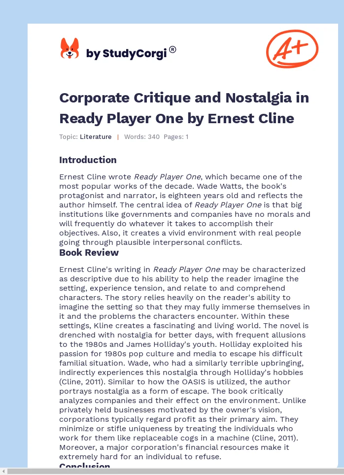 Corporate Critique and Nostalgia in Ready Player One by Ernest Cline. Page 1