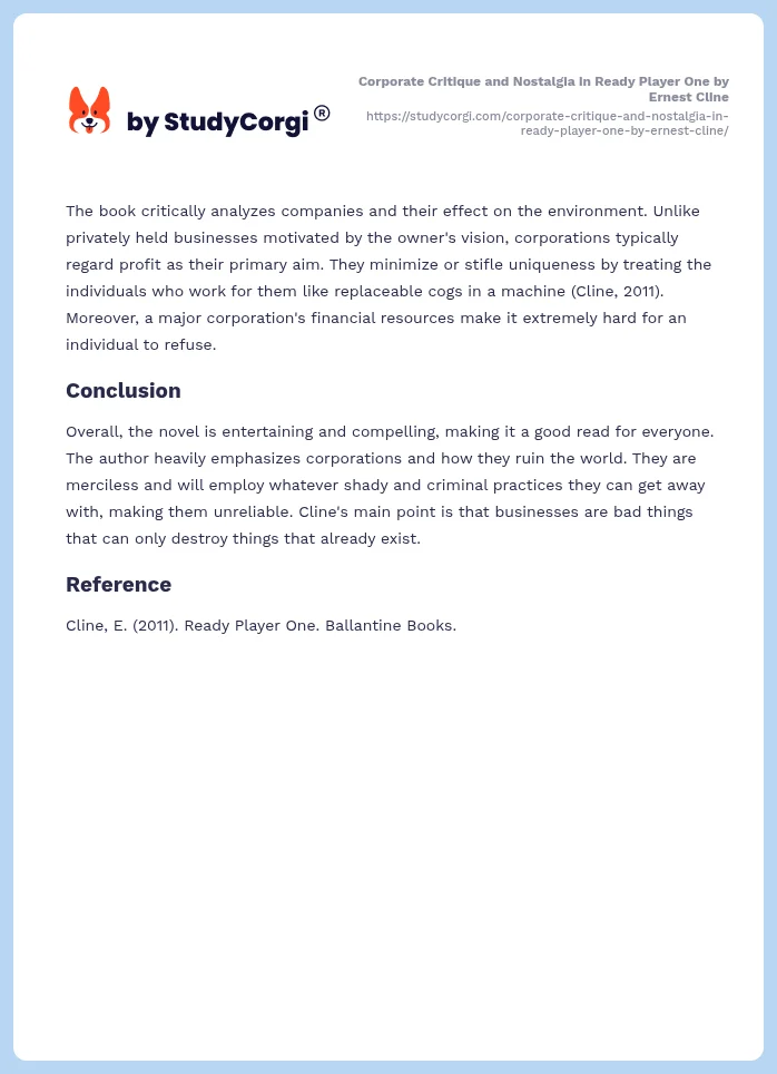 Corporate Critique and Nostalgia in Ready Player One by Ernest Cline. Page 2