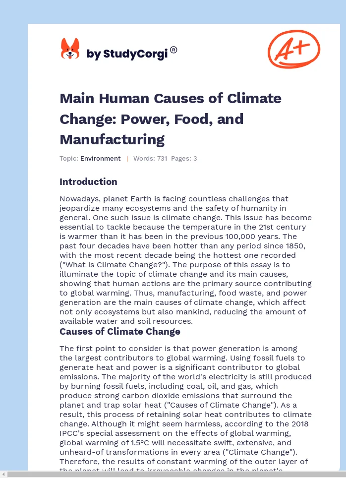 Main Human Causes of Climate Change: Power, Food, and Manufacturing. Page 1