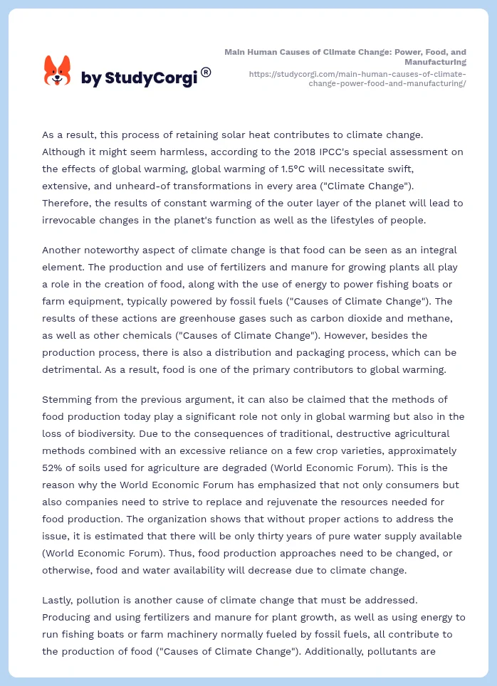 Main Human Causes of Climate Change: Power, Food, and Manufacturing. Page 2