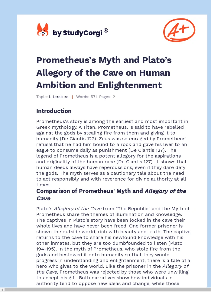 Prometheus’s Myth and Plato’s Allegory of the Cave on Human Ambition and Enlightenment. Page 1