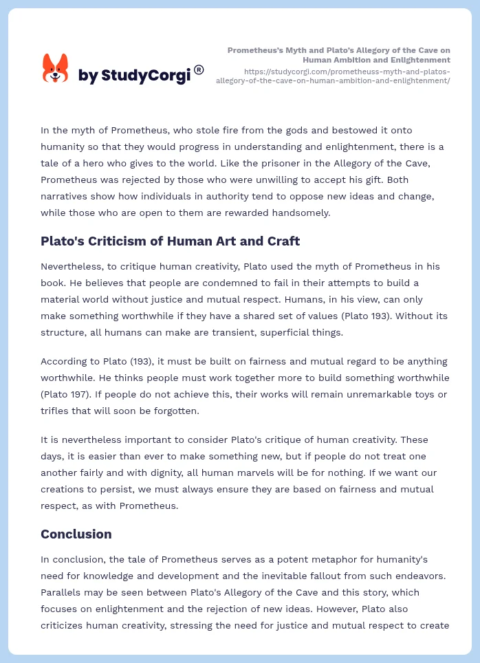Prometheus’s Myth and Plato’s Allegory of the Cave on Human Ambition and Enlightenment. Page 2