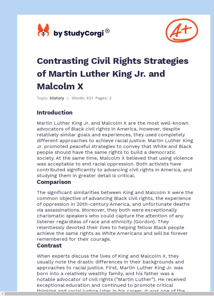 Contrasting Civil Rights Strategies of Martin Luther King Jr. and Malcolm X. Page 1