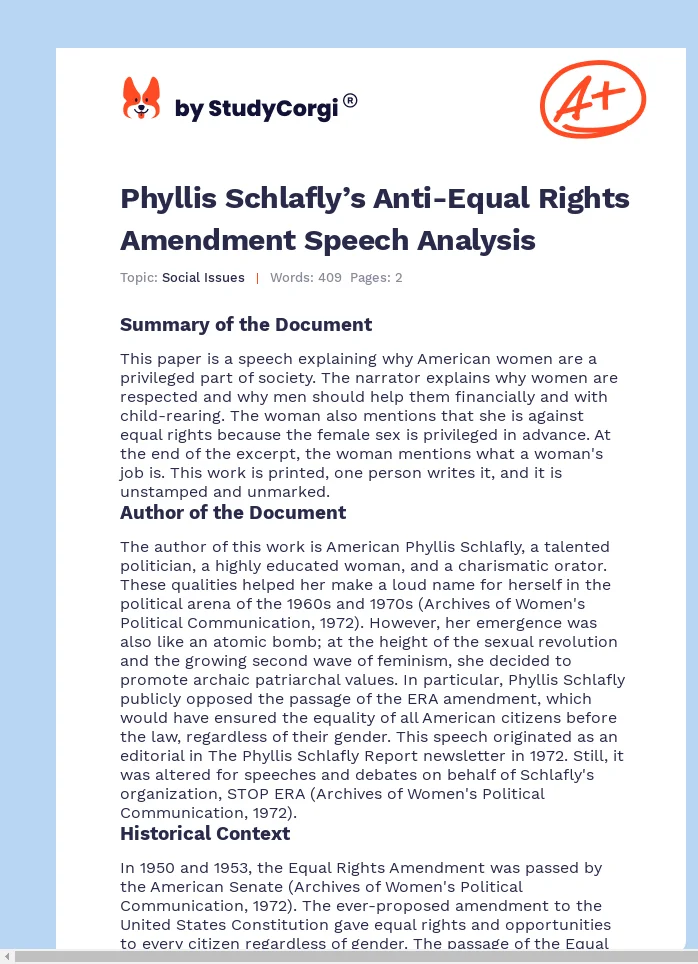 Phyllis Schlafly’s Anti-Equal Rights Amendment Speech Analysis. Page 1