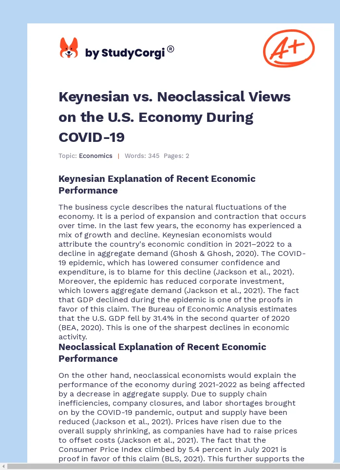 Keynesian vs. Neoclassical Views on the U.S. Economy During COVID-19. Page 1