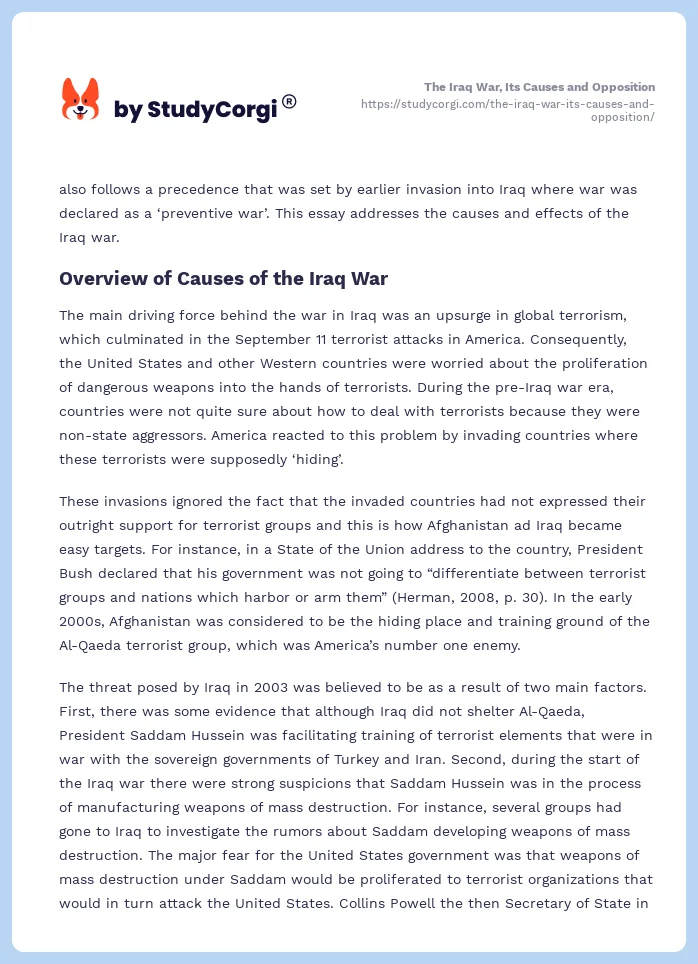 The Iraq War, Its Causes and Opposition. Page 2