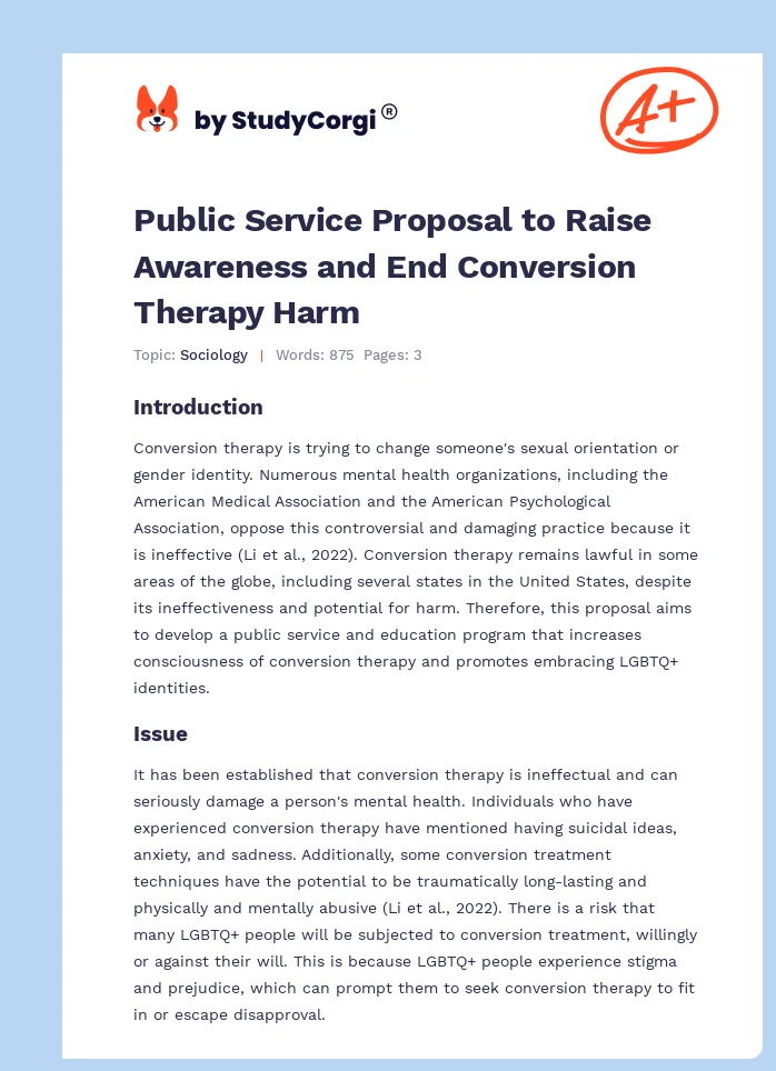 Public Service Proposal to Raise Awareness and End Conversion Therapy Harm. Page 1