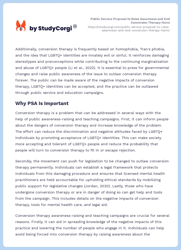 Public Service Proposal to Raise Awareness and End Conversion Therapy Harm. Page 2