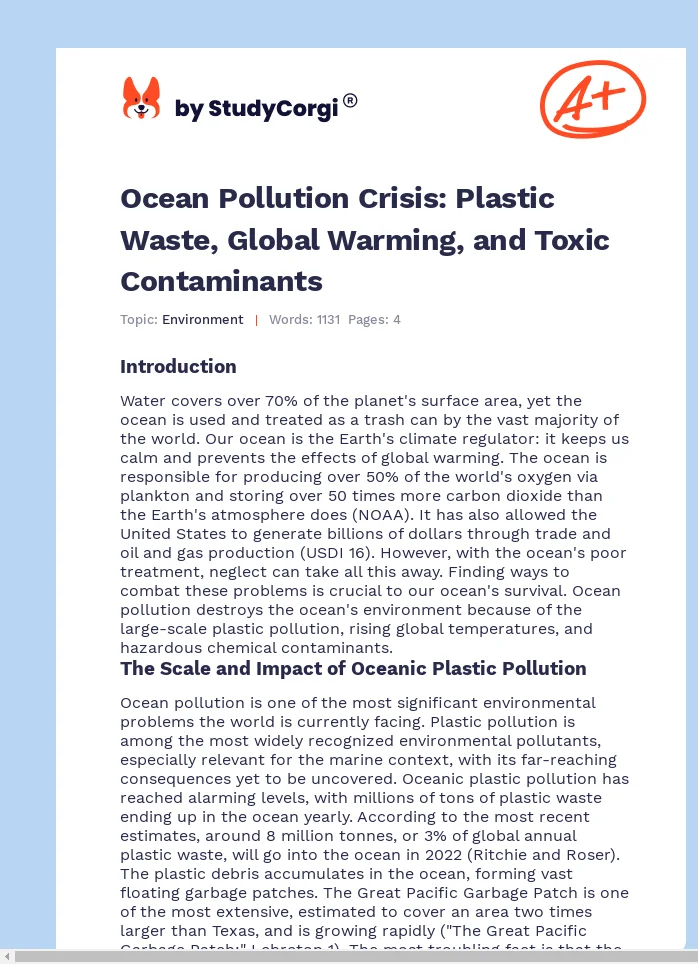 Ocean Pollution Crisis: Plastic Waste, Global Warming, and Toxic Contaminants. Page 1