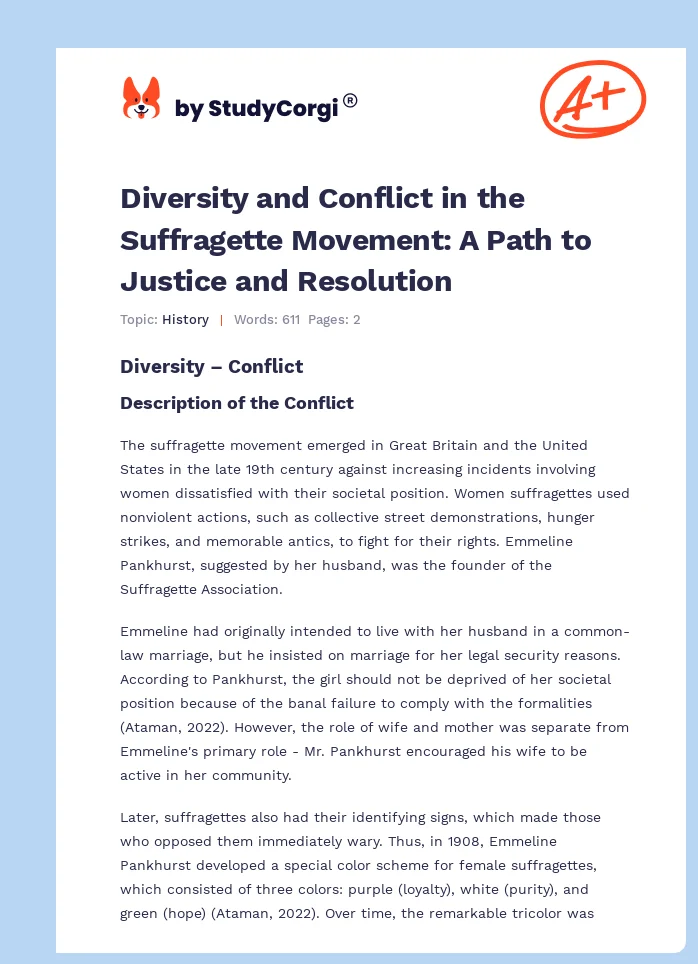 Diversity and Conflict in the Suffragette Movement: A Path to Justice and Resolution. Page 1