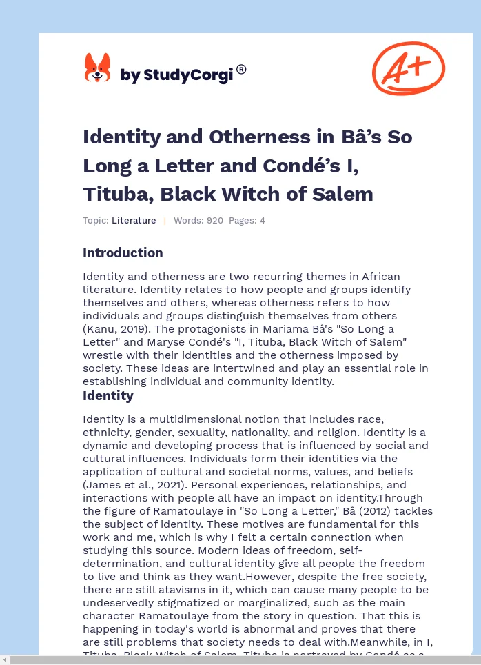 Identity and Otherness in Bâ’s So Long a Letter and Condé’s I, Tituba, Black Witch of Salem. Page 1