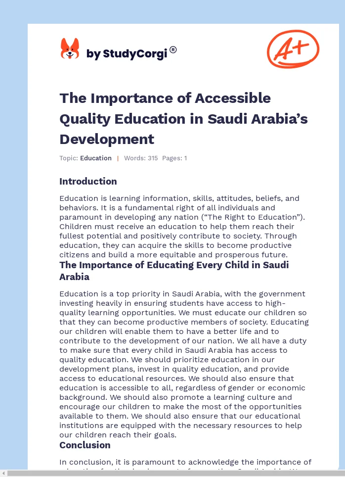 The Importance of Accessible Quality Education in Saudi Arabia’s Development. Page 1