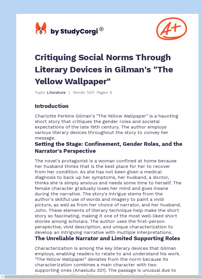 Critiquing Social Norms Through Literary Devices in Gilman's "The Yellow Wallpaper". Page 1