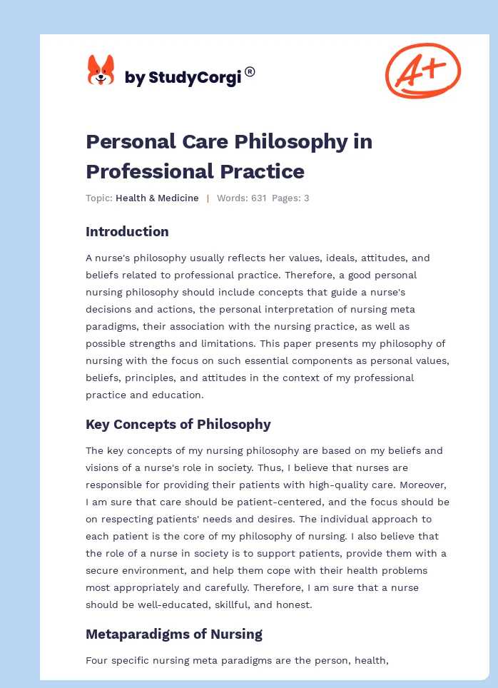 Personal Care Philosophy in Professional Practice. Page 1