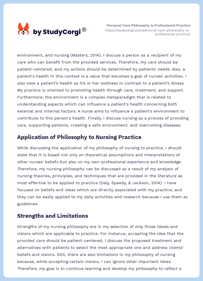 Personal Care Philosophy in Professional Practice. Page 2