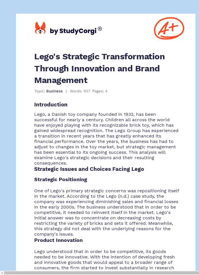Lego's Strategic Transformation Through Innovation and Brand Management. Page 1