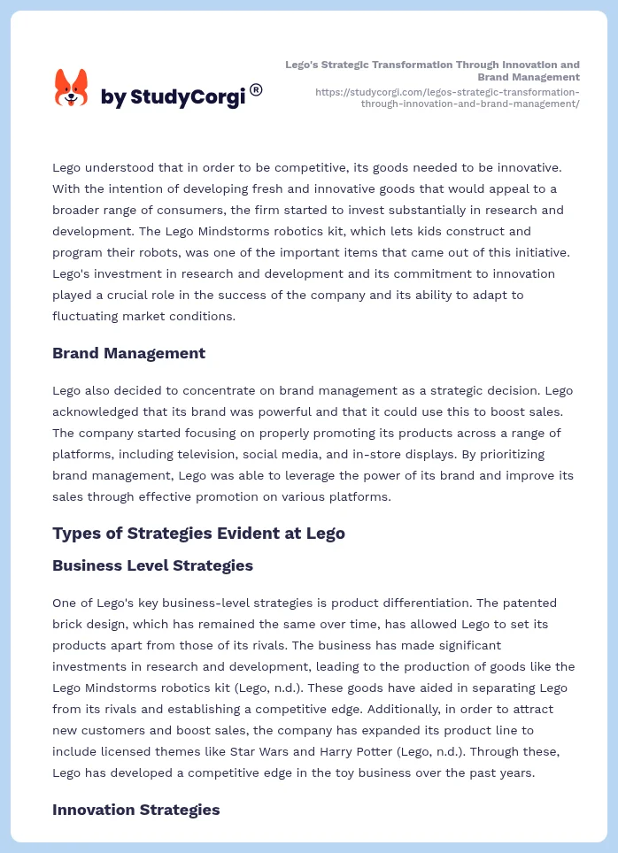 Lego's Strategic Transformation Through Innovation and Brand Management. Page 2