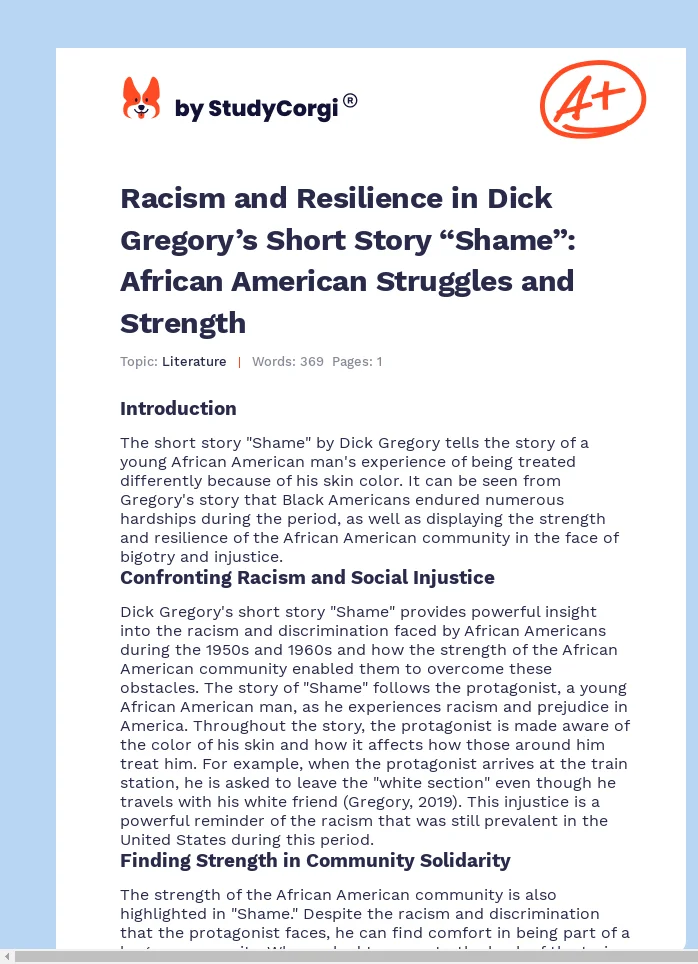 Racism and Resilience in Dick Gregory’s Short Story “Shame”: African American Struggles and Strength. Page 1