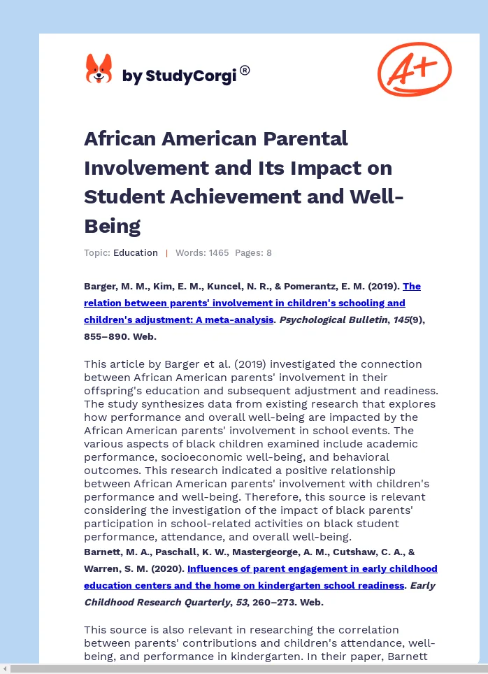 African American Parental Involvement and Its Impact on Student Achievement and Well-Being. Page 1