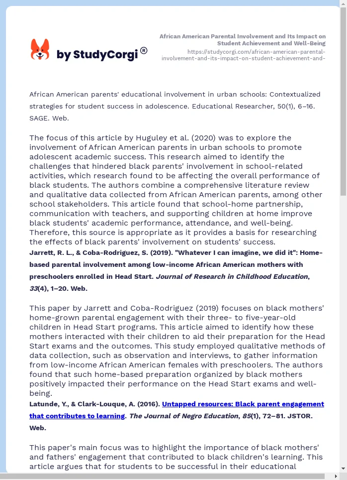 African American Parental Involvement and Its Impact on Student Achievement and Well-Being. Page 2