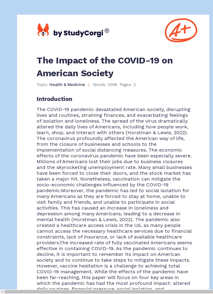 The Impact of the COVID-19 on American Society. Page 1