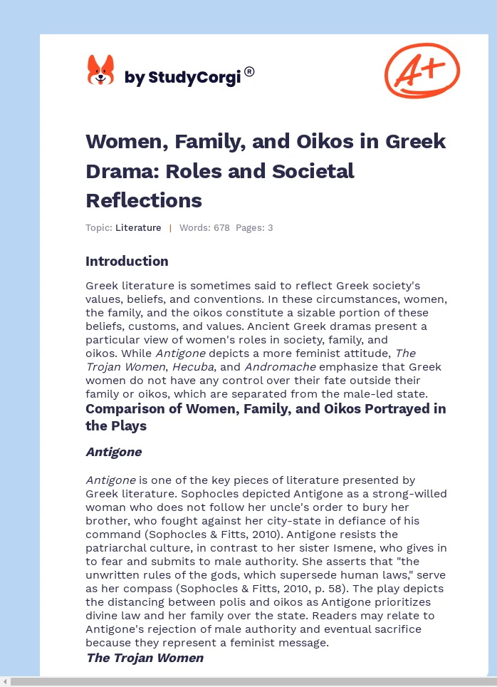 Women, Family, and Oikos in Greek Drama: Roles and Societal Reflections. Page 1