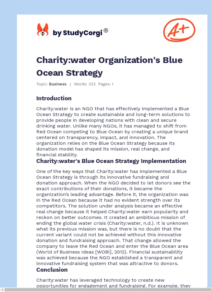 Charity:water Organization's Blue Ocean Strategy. Page 1