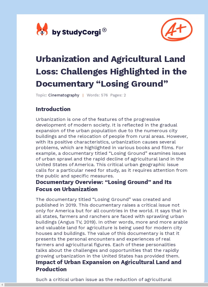 Urbanization and Agricultural Land Loss: Challenges Highlighted in the Documentary “Losing Ground”. Page 1