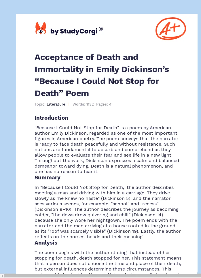 Acceptance of Death and Immortality in Emily Dickinson’s “Because I Could Not Stop for Death” Poem. Page 1