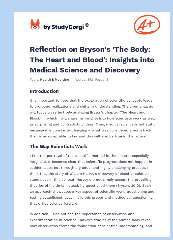 Reflection on Bryson's 'The Body: The Heart and Blood': Insights into Medical Science and Discovery. Page 1