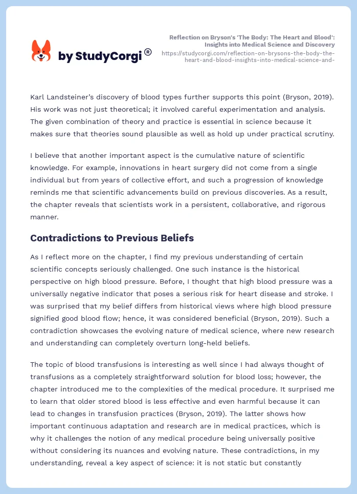 Reflection on Bryson's 'The Body: The Heart and Blood': Insights into Medical Science and Discovery. Page 2