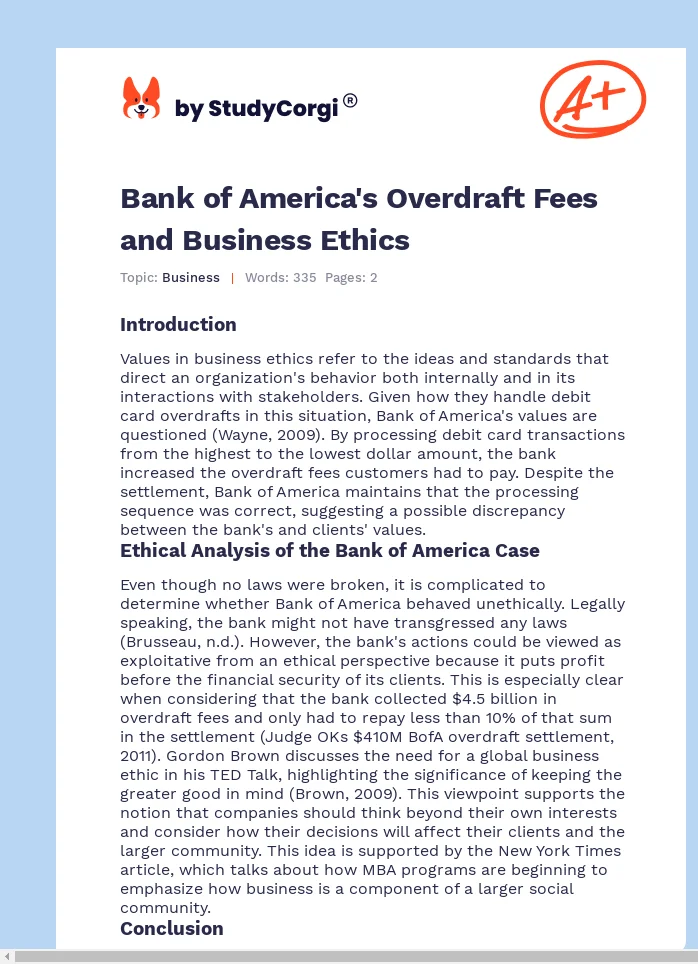 Bank of America's Overdraft Fees and Business Ethics. Page 1