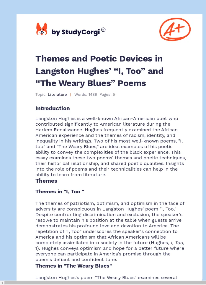 Themes and Poetic Devices in Langston Hughes’ “I, Too” and “The Weary Blues” Poems. Page 1