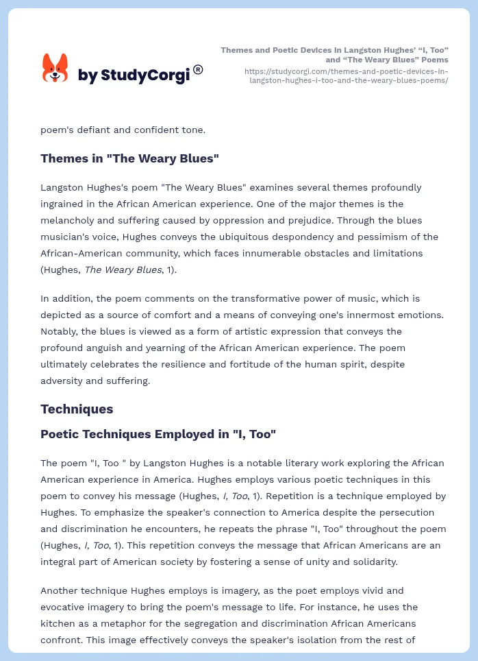 Themes and Poetic Devices in Langston Hughes’ “I, Too” and “The Weary Blues” Poems. Page 2