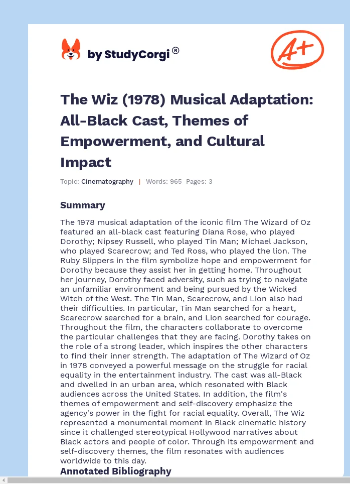 The Wiz (1978) Musical Adaptation: All-Black Cast, Themes of Empowerment, and Cultural Impact. Page 1