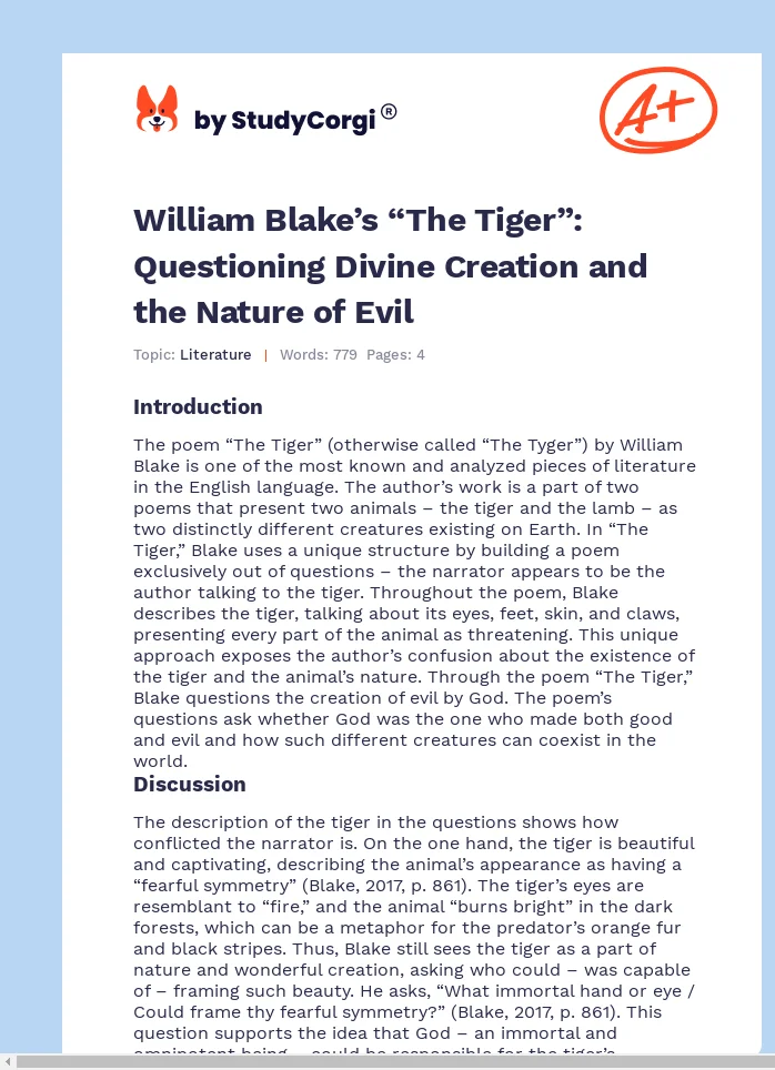 William Blake’s “The Tiger”: Questioning Divine Creation and the Nature of Evil. Page 1