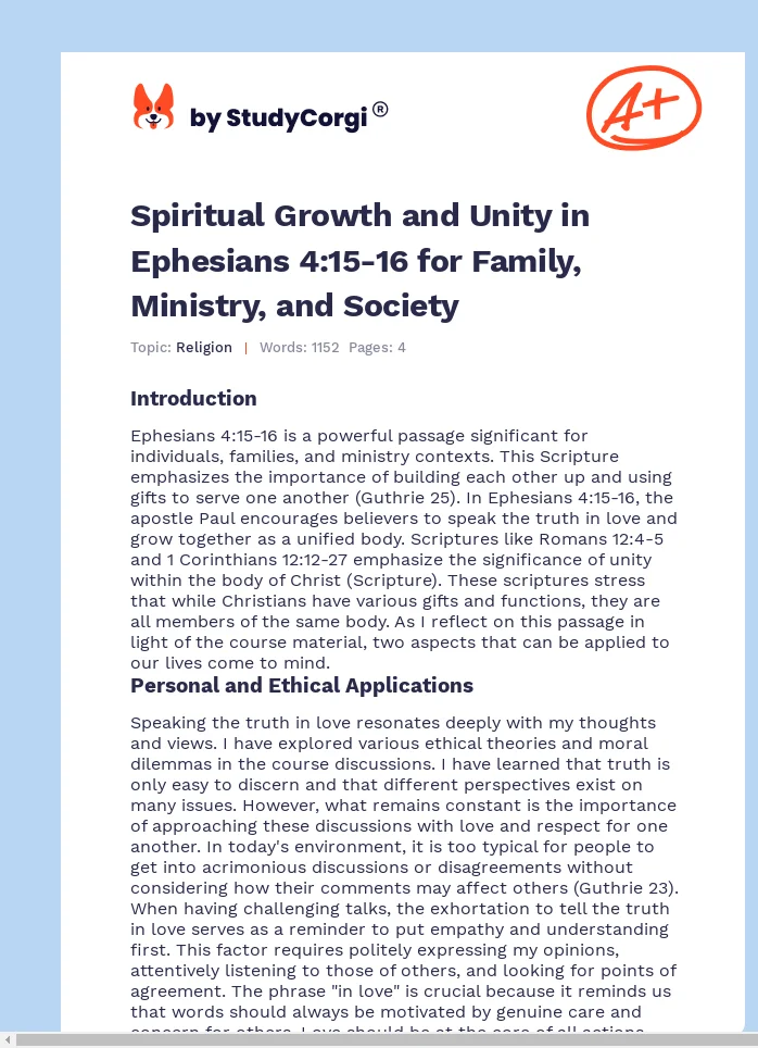 Spiritual Growth and Unity in Ephesians 4:15-16 for Family, Ministry, and Society. Page 1