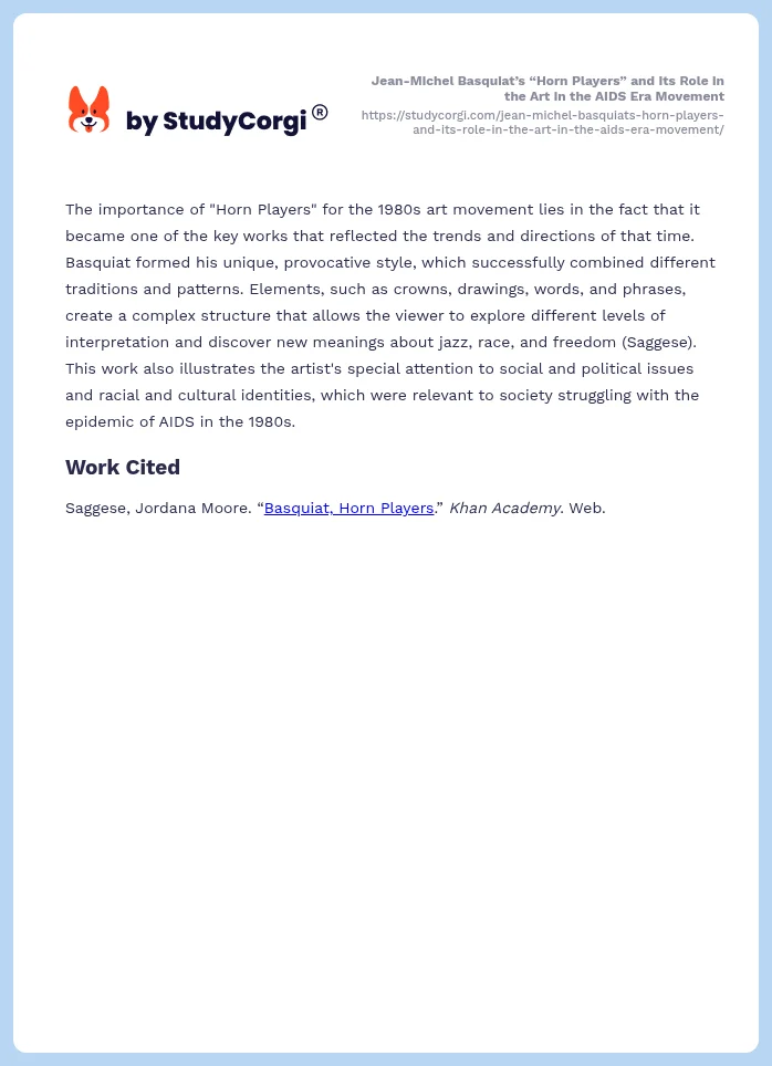 Jean-Michel Basquiat’s “Horn Players” and Its Role in the Art in the AIDS Era Movement. Page 2