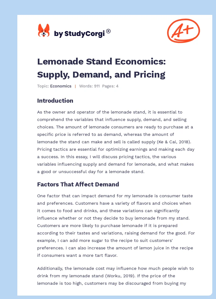 Lemonade Stand Economics: Supply, Demand, and Pricing. Page 1