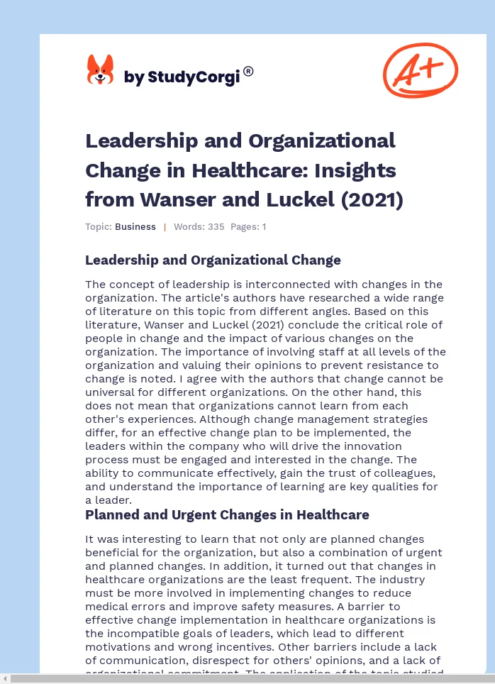 Leadership and Organizational Change in Healthcare: Insights from Wanser and Luckel (2021). Page 1